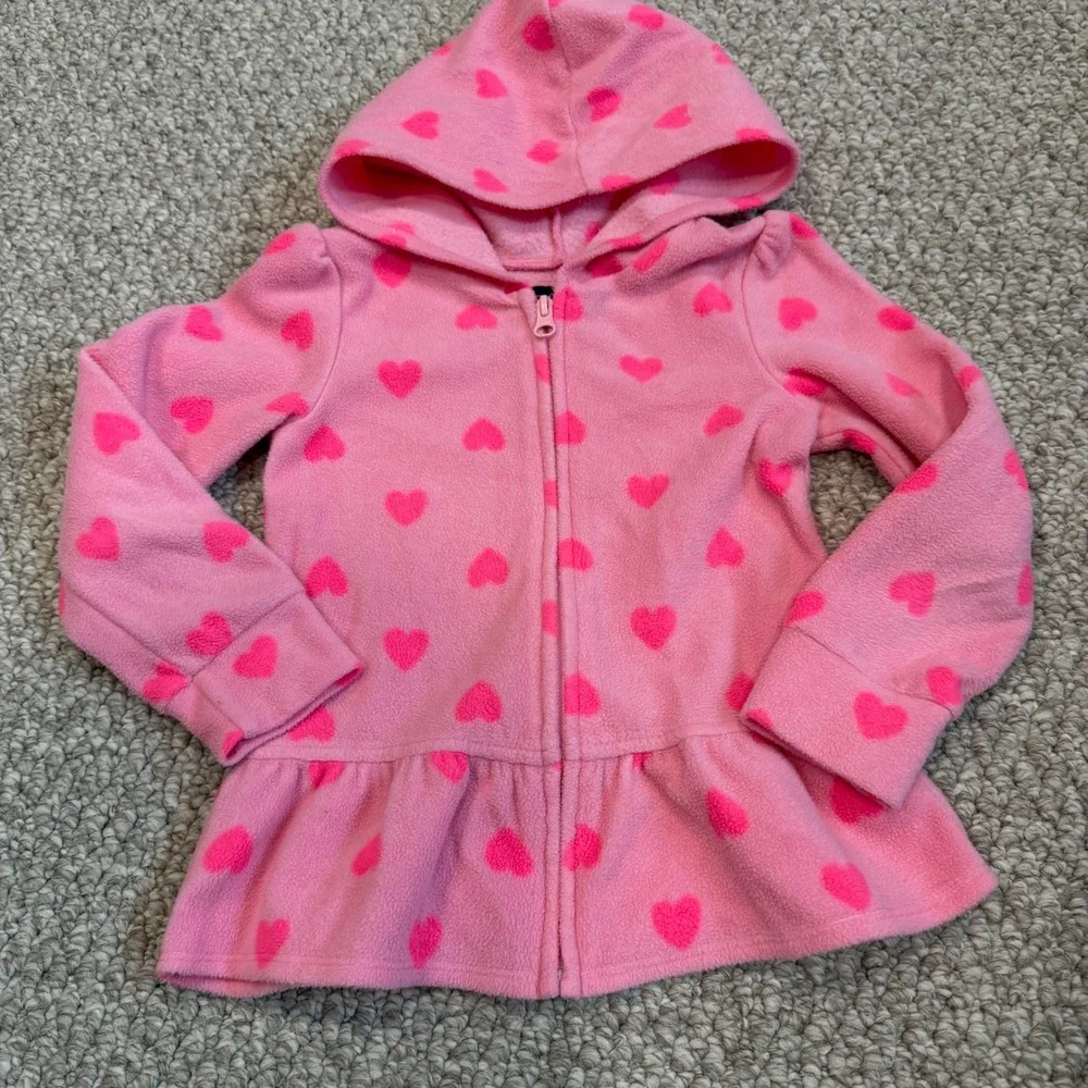 The Childrens Place Girls Pink Heart Fleece Peplum Zip Up Hoodie Jacket Size 4T